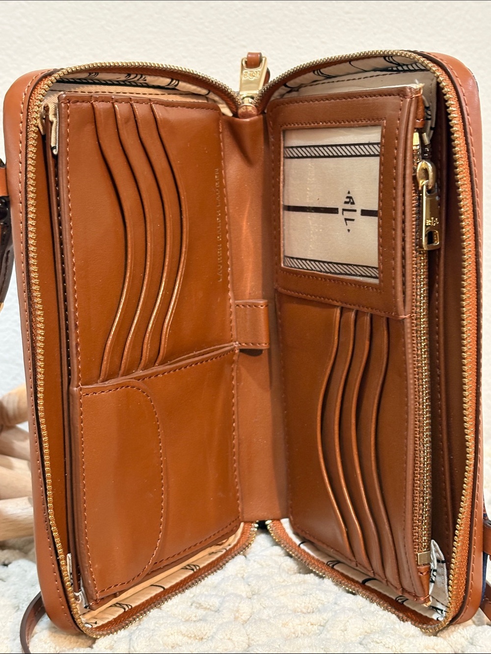 Lauren Ralph Lauren Navy Blue and Brown Printed Crossbody Wallet - Picture 5 of 17
